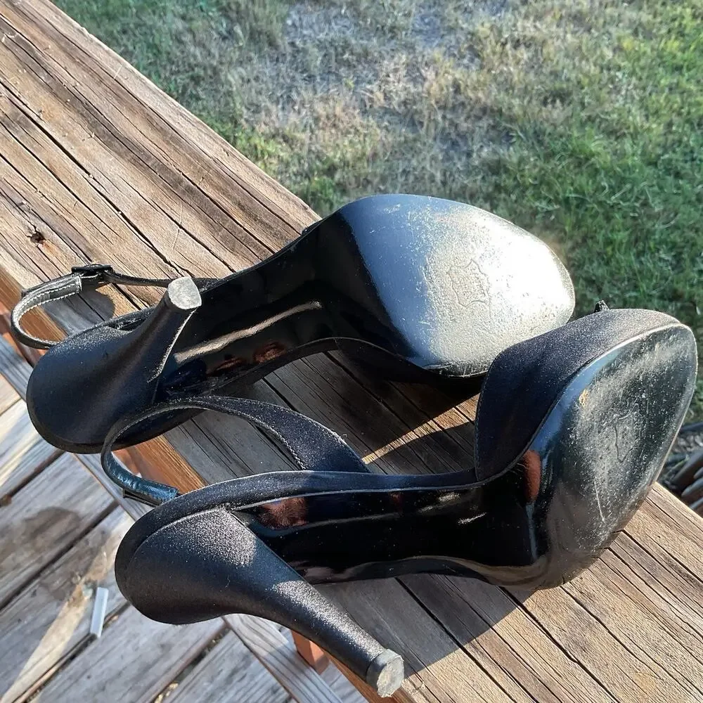 Stuart Weitzman Women’s Black Size 9M Satin Slingback Heels Peep Toe Formal